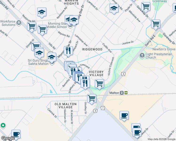 map of restaurants, bars, coffee shops, grocery stores, and more near 3067 Churchill Avenue in Mississauga