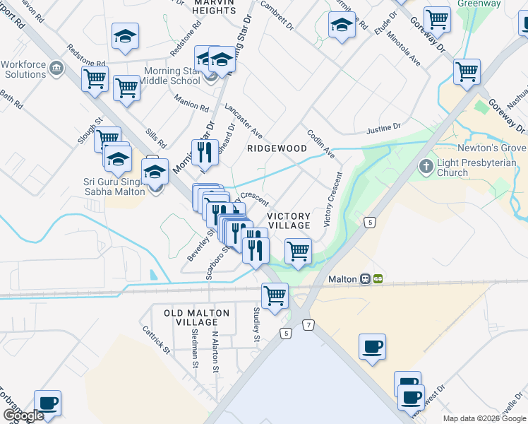 map of restaurants, bars, coffee shops, grocery stores, and more near in Mississauga