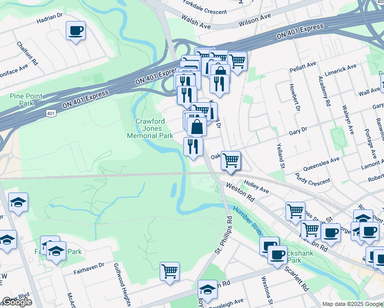 map of restaurants, bars, coffee shops, grocery stores, and more near 2464 Weston Road in Toronto