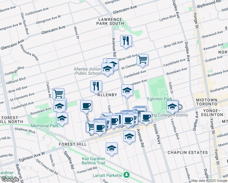 map of restaurants, bars, coffee shops, grocery stores, and more near 423 Roselawn Avenue in Toronto