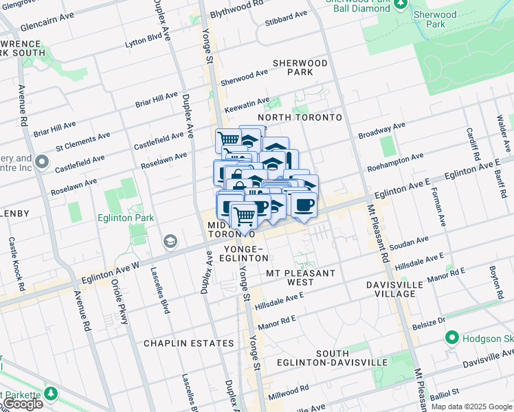 map of restaurants, bars, coffee shops, grocery stores, and more near in Toronto