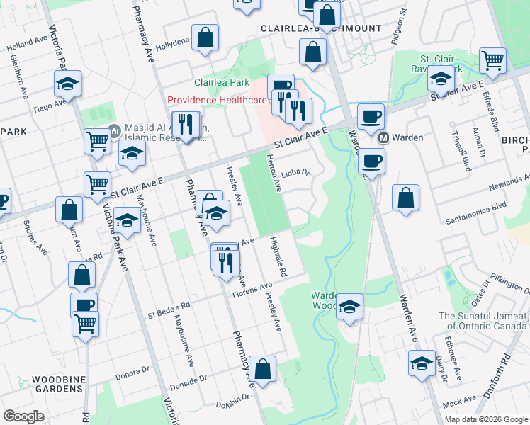 map of restaurants, bars, coffee shops, grocery stores, and more near Highvale Road in Toronto