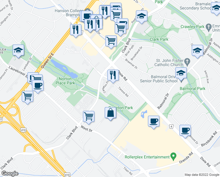 map of restaurants, bars, coffee shops, grocery stores, and more near 70 Carleton Place in Brampton