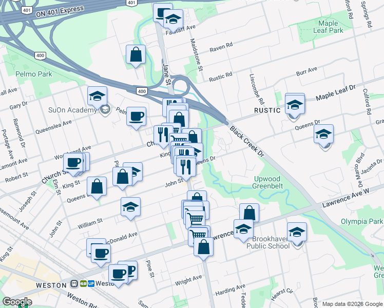 map of restaurants, bars, coffee shops, grocery stores, and more near 1855 Jane Street in Toronto