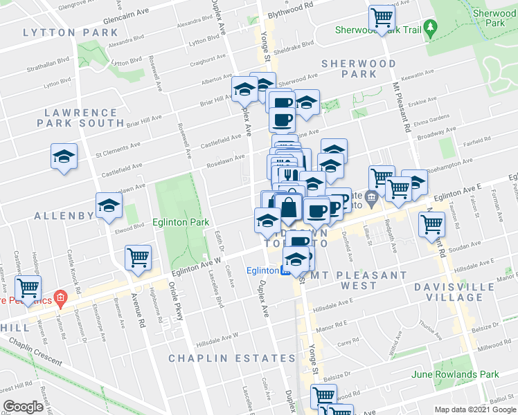 map of restaurants, bars, coffee shops, grocery stores, and more near 58 Orchard View Boulevard in Toronto