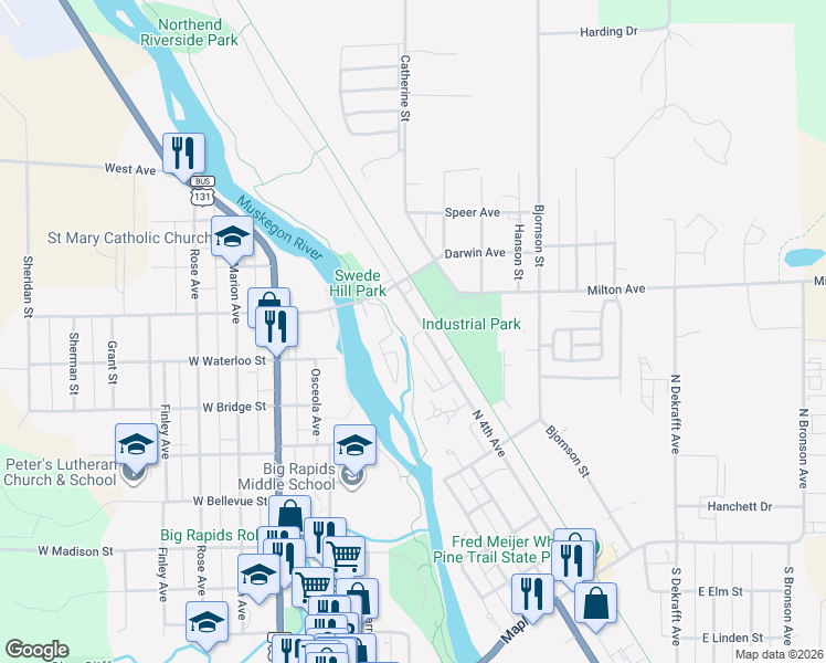 map of restaurants, bars, coffee shops, grocery stores, and more near 801 North 4th Avenue in Big Rapids