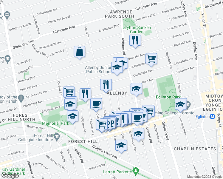 map of restaurants, bars, coffee shops, grocery stores, and more near 472 Roselawn Avenue in Toronto