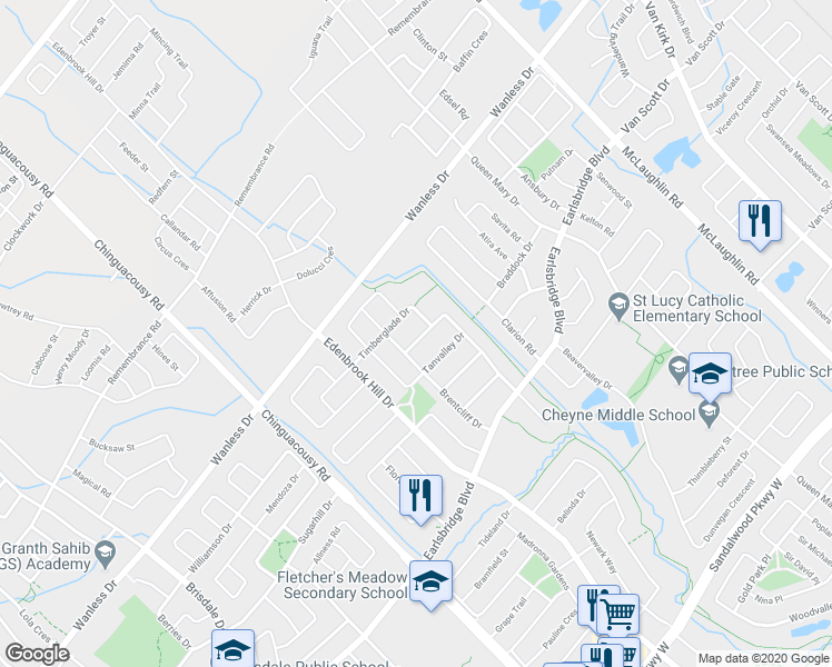 map of restaurants, bars, coffee shops, grocery stores, and more near 53 Dovergreen Drive in Brampton