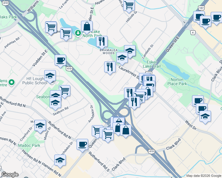 map of restaurants, bars, coffee shops, grocery stores, and more near 47 Longbourne Crescent in Brampton