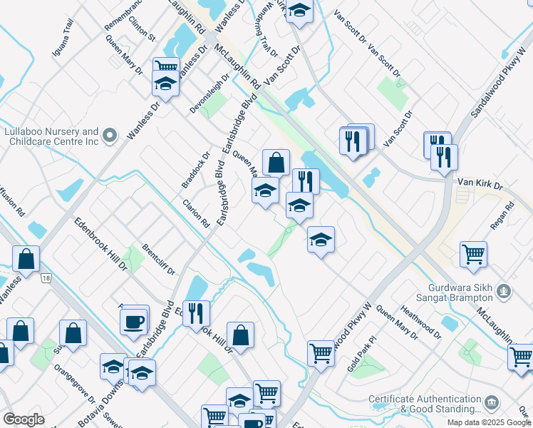 map of restaurants, bars, coffee shops, grocery stores, and more near 25 Kanata Road in Brampton