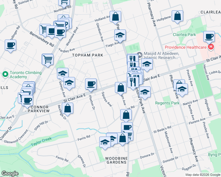 map of restaurants, bars, coffee shops, grocery stores, and more near 2941 Saint Clair Avenue East in Toronto