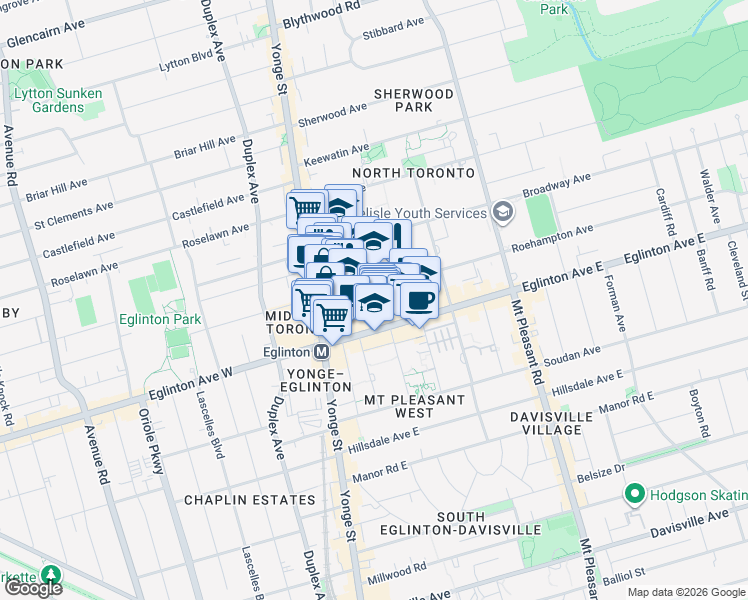 map of restaurants, bars, coffee shops, grocery stores, and more near 77 Roehampton Avenue in Toronto