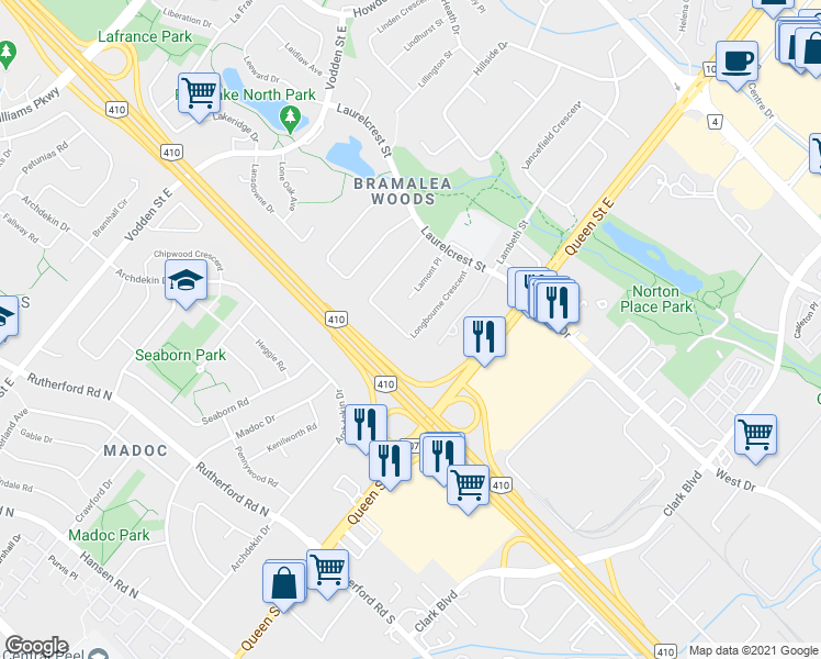 map of restaurants, bars, coffee shops, grocery stores, and more near 47 Longbourne Crescent in Brampton