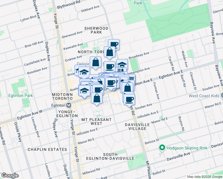 map of restaurants, bars, coffee shops, grocery stores, and more near 196 Eglinton Avenue East in Toronto