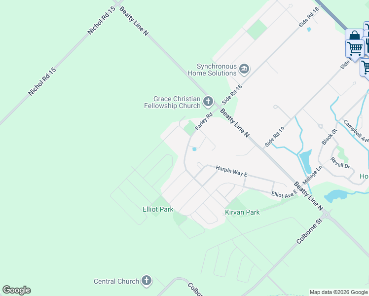 map of restaurants, bars, coffee shops, grocery stores, and more near 74 Farley Road in Fergus