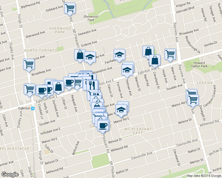 map of restaurants, bars, coffee shops, grocery stores, and more near 67 Falcon Street in Toronto