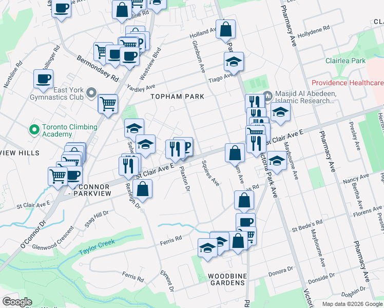 map of restaurants, bars, coffee shops, grocery stores, and more near 2904 Saint Clair Avenue East in Toronto