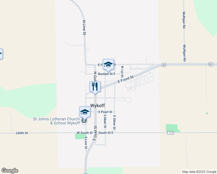 map of restaurants, bars, coffee shops, grocery stores, and more near 208 East Front Street in Wykoff