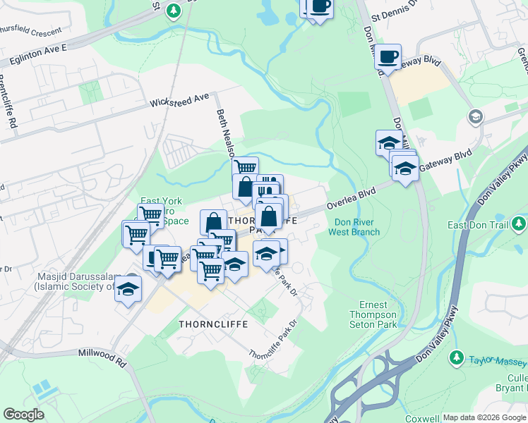 map of restaurants, bars, coffee shops, grocery stores, and more near 62 Overlea Boulevard in Toronto