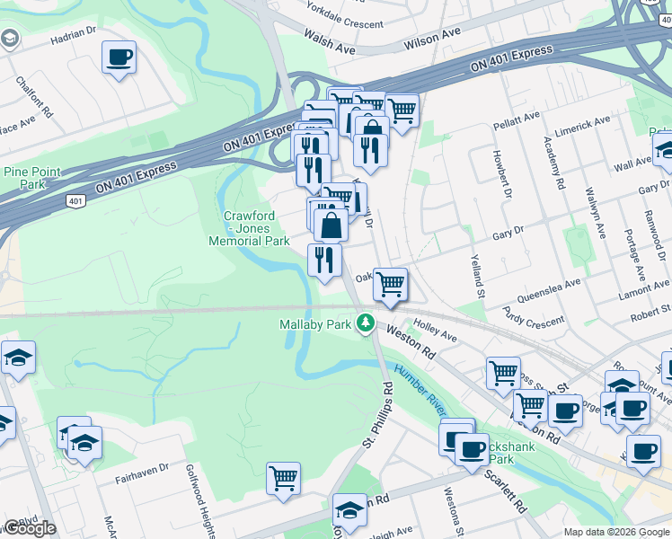 map of restaurants, bars, coffee shops, grocery stores, and more near 2464 Weston Road in Toronto
