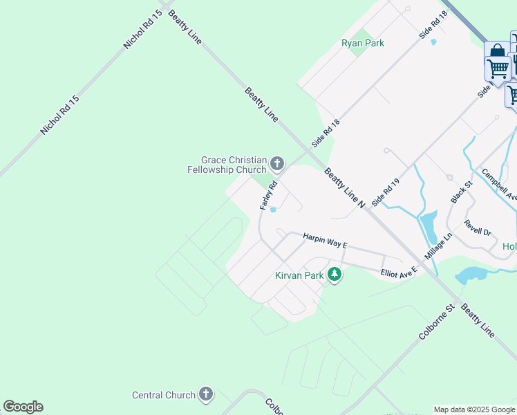 map of restaurants, bars, coffee shops, grocery stores, and more near 74 Farley Road in Fergus