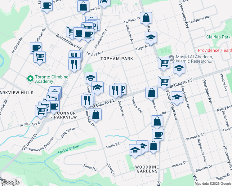 map of restaurants, bars, coffee shops, grocery stores, and more near 16 Warvet Crescent in Toronto
