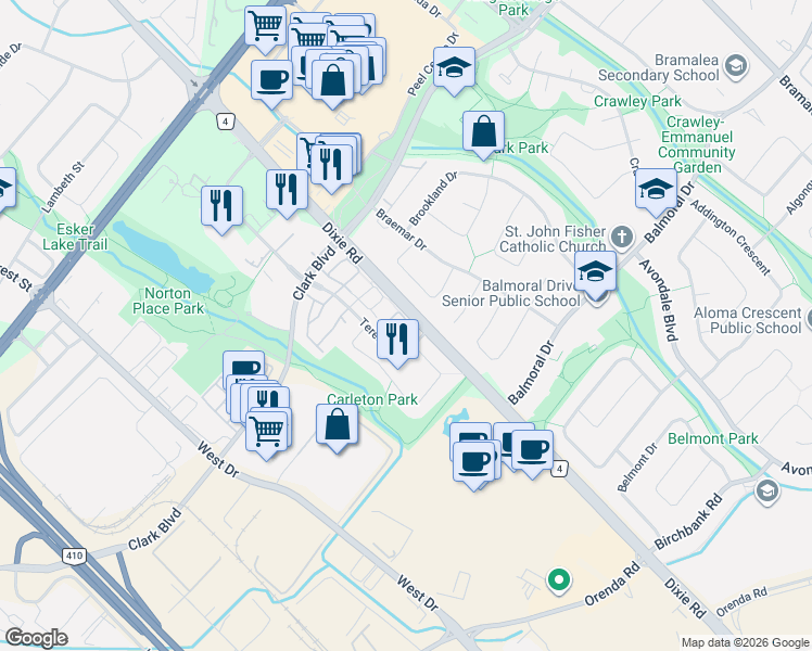 map of restaurants, bars, coffee shops, grocery stores, and more near 22 Sandringham Court in Brampton