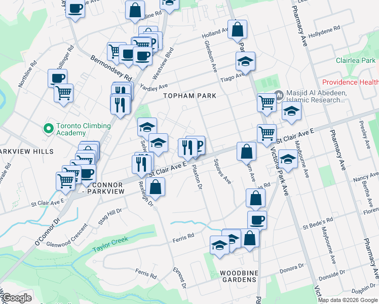 map of restaurants, bars, coffee shops, grocery stores, and more near 20 Warvet Crescent in Toronto