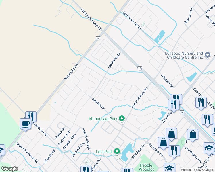 map of restaurants, bars, coffee shops, grocery stores, and more near 66 Action Drive in Brampton