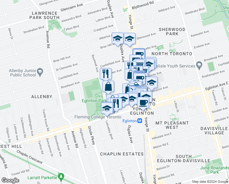 map of restaurants, bars, coffee shops, grocery stores, and more near 123 Helendale Avenue in Toronto