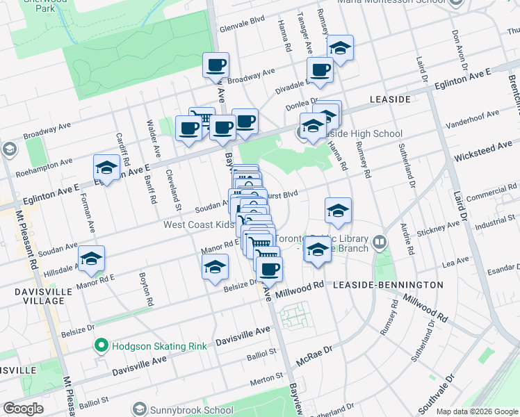map of restaurants, bars, coffee shops, grocery stores, and more near 130 Donegall Drive in Toronto