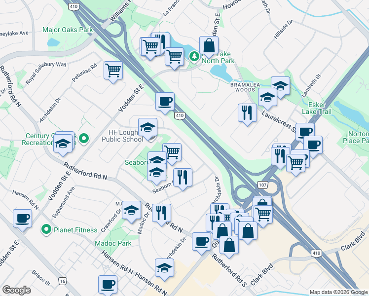 map of restaurants, bars, coffee shops, grocery stores, and more near 202 Archdekin Drive in Brampton