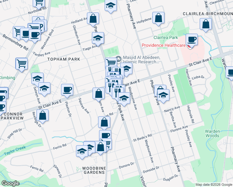 map of restaurants, bars, coffee shops, grocery stores, and more near 1093 Victoria Park Avenue in Toronto