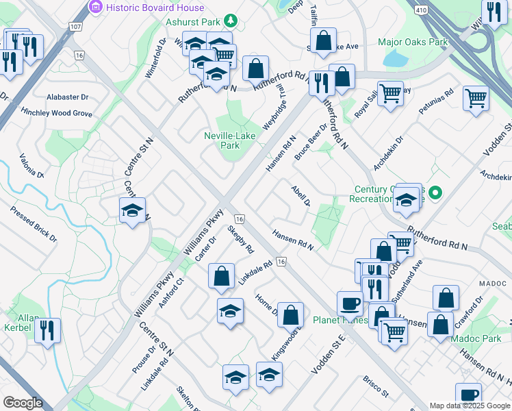 map of restaurants, bars, coffee shops, grocery stores, and more near 144 Abell Drive in Brampton