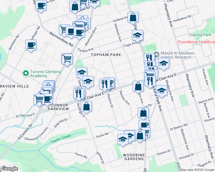 map of restaurants, bars, coffee shops, grocery stores, and more near 20 Warvet Crescent in Toronto