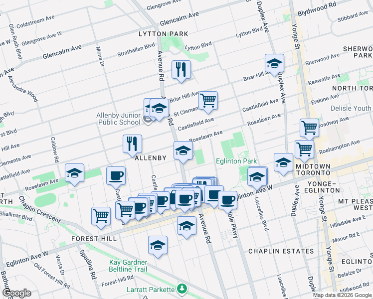 map of restaurants, bars, coffee shops, grocery stores, and more near 1111 Avenue Road in Toronto
