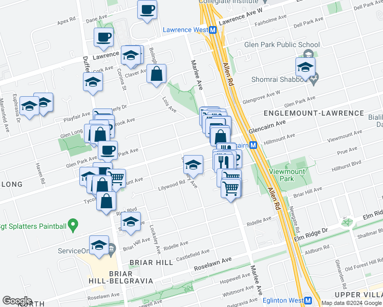 map of restaurants, bars, coffee shops, grocery stores, and more near 873 Glencairn Avenue in Toronto