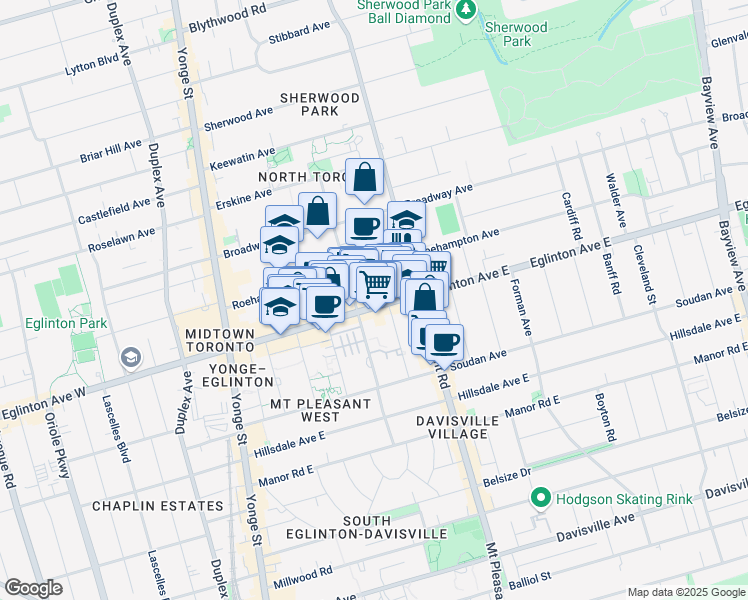 map of restaurants, bars, coffee shops, grocery stores, and more near 200 Eglinton Avenue East in Toronto