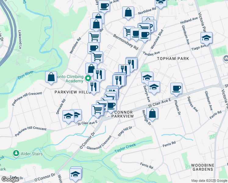 map of restaurants, bars, coffee shops, grocery stores, and more near in Toronto