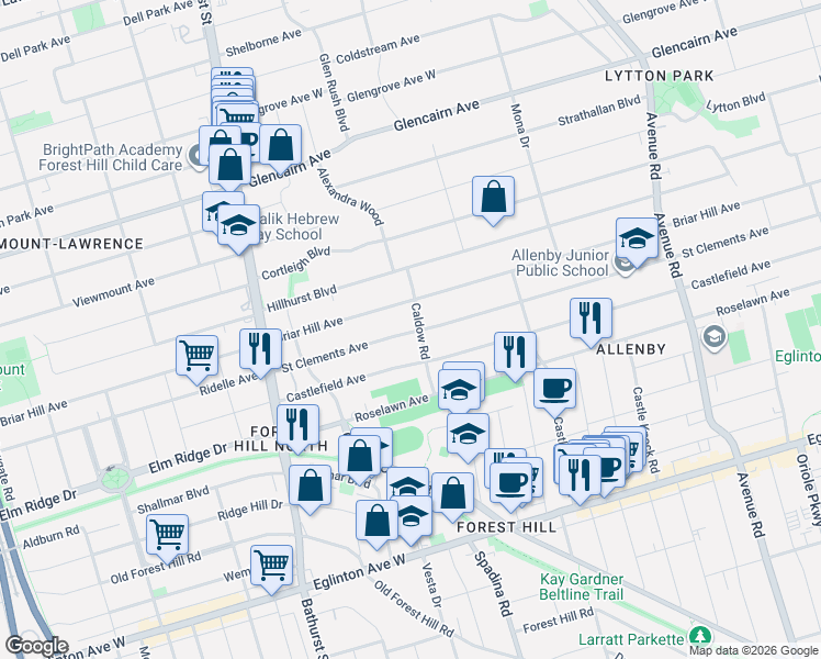 map of restaurants, bars, coffee shops, grocery stores, and more near 554 Saint Clements Avenue in Toronto