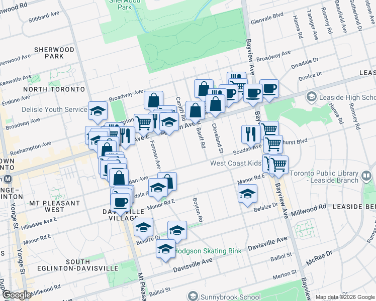 map of restaurants, bars, coffee shops, grocery stores, and more near Marmot Street in Toronto