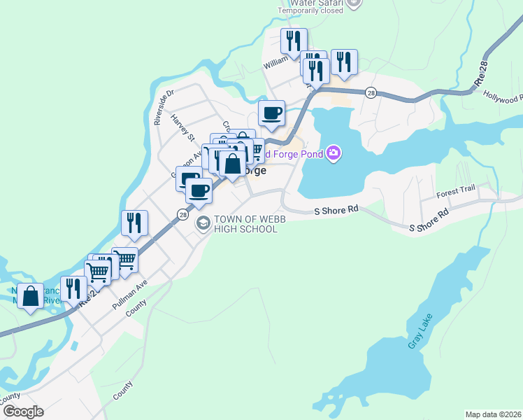 map of restaurants, bars, coffee shops, grocery stores, and more near 190 Park Avenue in Old Forge
