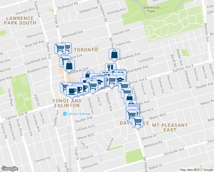 map of restaurants, bars, coffee shops, grocery stores, and more near in Toronto