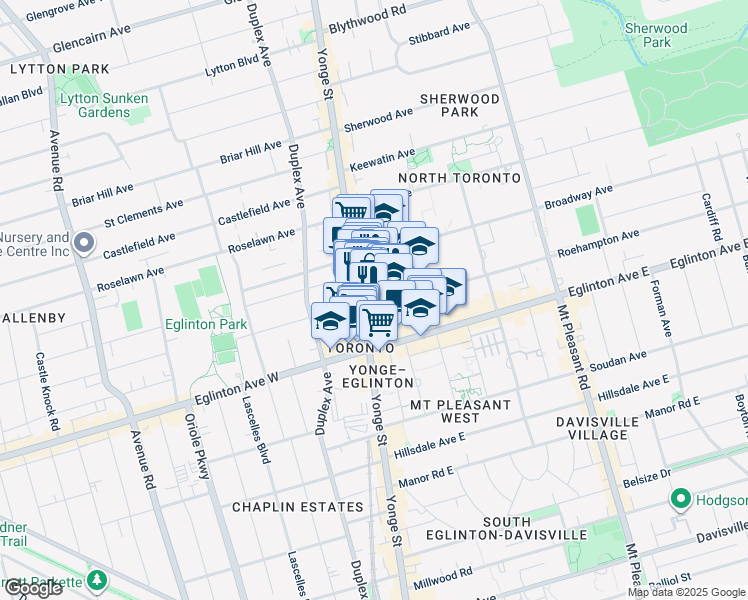 map of restaurants, bars, coffee shops, grocery stores, and more near 2329 Yonge Street in Toronto