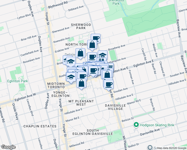map of restaurants, bars, coffee shops, grocery stores, and more near 196 Eglinton Avenue East in Toronto