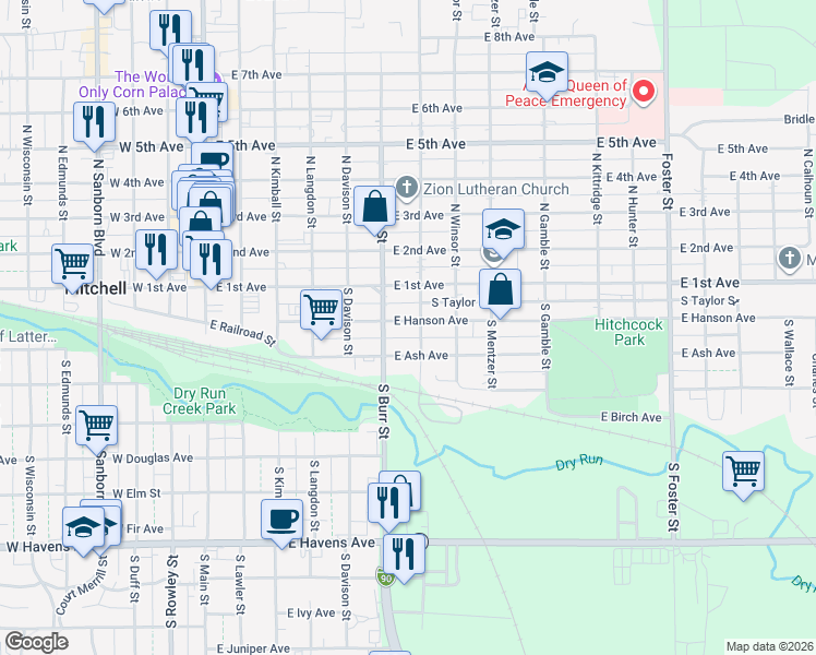 map of restaurants, bars, coffee shops, grocery stores, and more near 700 East Hanson Avenue in Mitchell