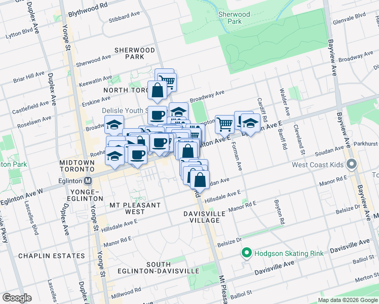 map of restaurants, bars, coffee shops, grocery stores, and more near 245 Eglinton Avenue East in Toronto