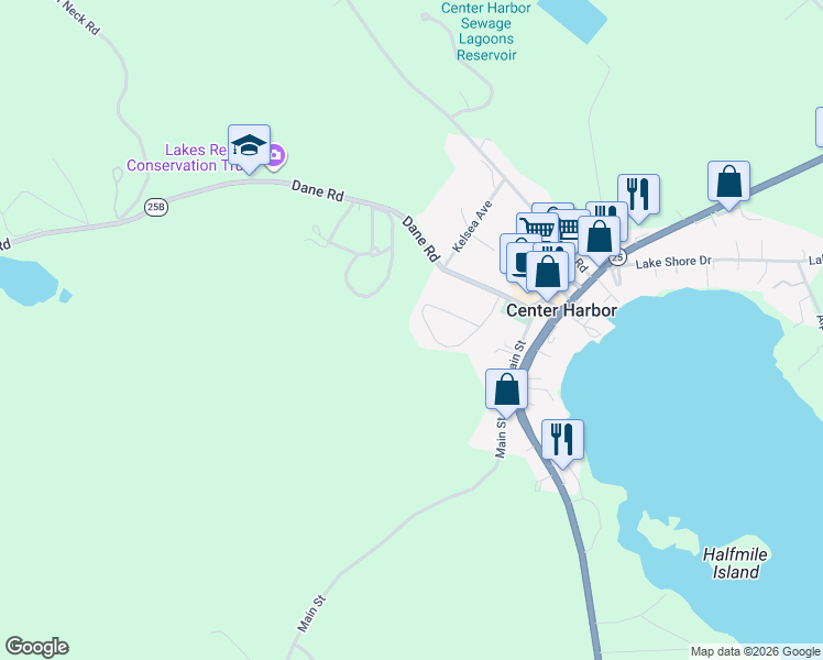 map of restaurants, bars, coffee shops, grocery stores, and more near 52 Chase Circle in Center Harbor