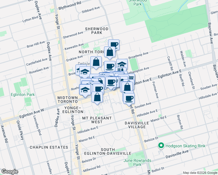 map of restaurants, bars, coffee shops, grocery stores, and more near 212 Eglinton Avenue East in Toronto