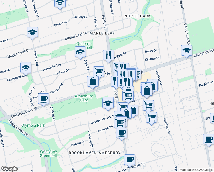 map of restaurants, bars, coffee shops, grocery stores, and more near 1436 Lawrence Avenue West in Toronto
